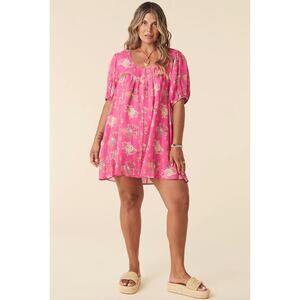 NWT Spell Designs Solstice Linen Floral Puff Sleeve Tunic Dress Rose Women's XL